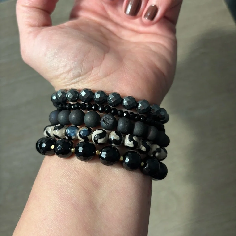 Handmade Black Gemstone Bracelet Stack Set of 5 NWT Onyx Agate